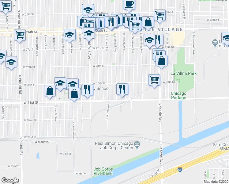 map of restaurants, bars, coffee shops, grocery stores, and more near 3030 South Trumbull Avenue in Chicago