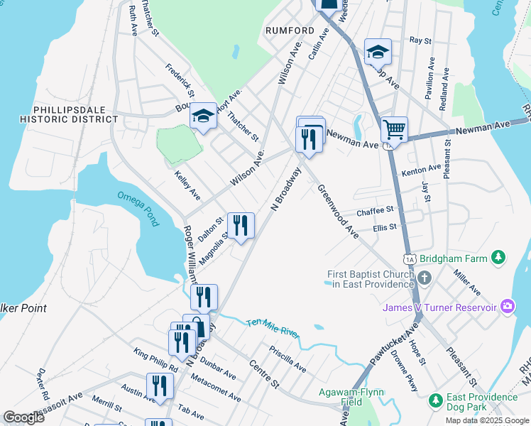 map of restaurants, bars, coffee shops, grocery stores, and more near 90 North Broadway in East Providence