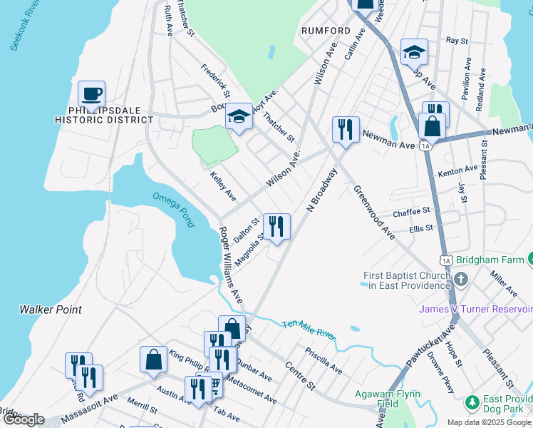 map of restaurants, bars, coffee shops, grocery stores, and more near 33 Washburn Avenue in East Providence