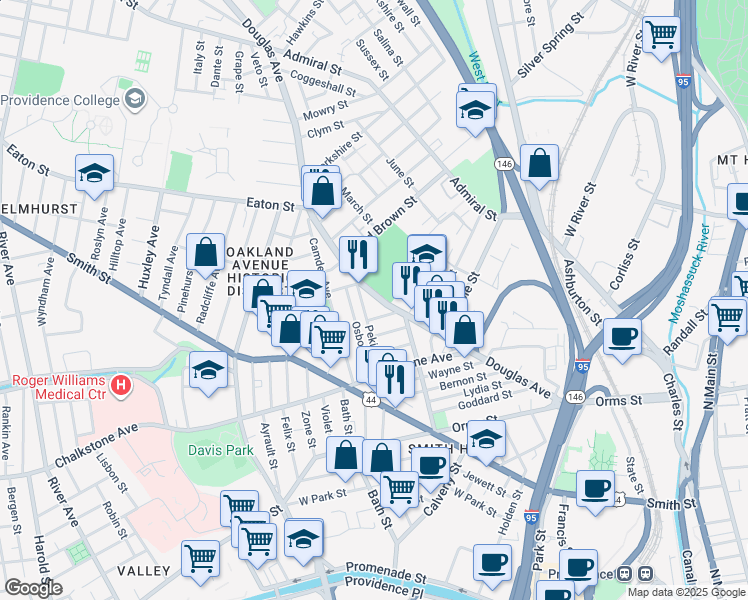 map of restaurants, bars, coffee shops, grocery stores, and more near 244 Rhode Island 7 in Providence