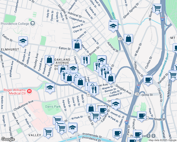 map of restaurants, bars, coffee shops, grocery stores, and more near 244 Rhode Island 7 in Providence