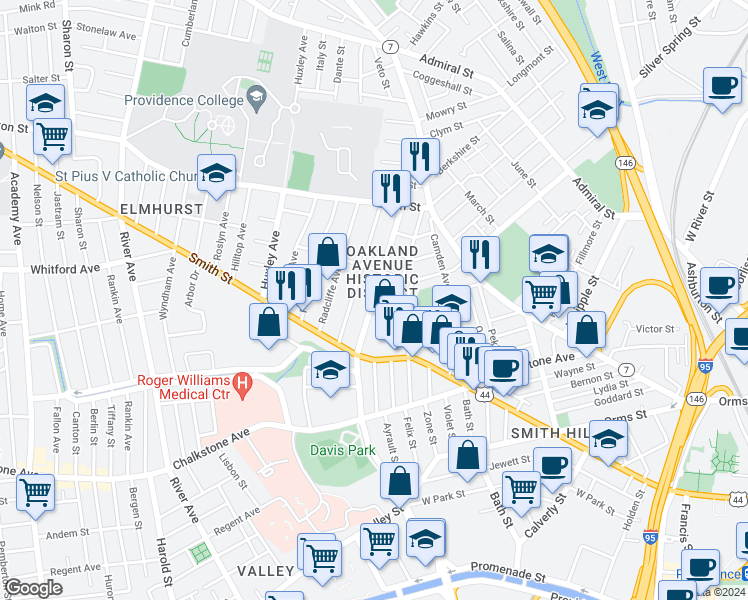 map of restaurants, bars, coffee shops, grocery stores, and more near 120 Oakland Avenue in Providence