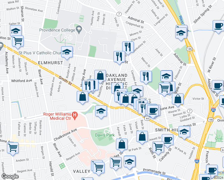 map of restaurants, bars, coffee shops, grocery stores, and more near 120 Oakland Avenue in Providence
