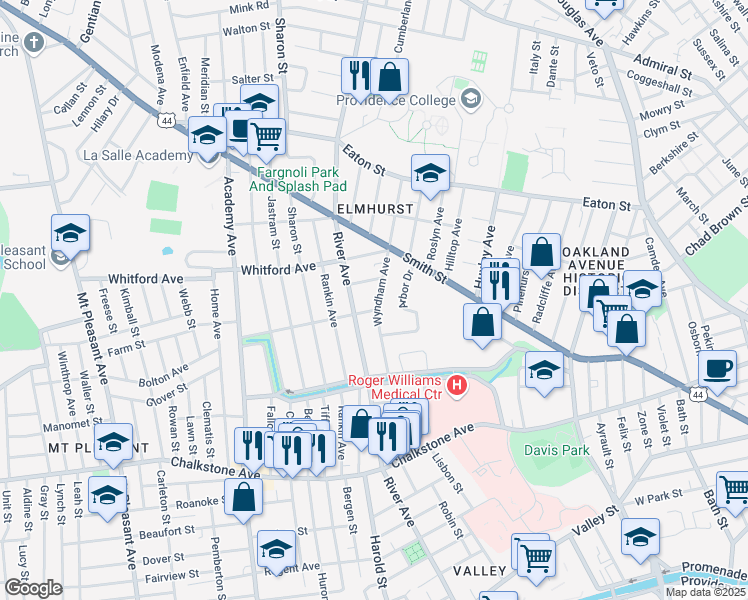 map of restaurants, bars, coffee shops, grocery stores, and more near 86 Wyndham Avenue in Providence