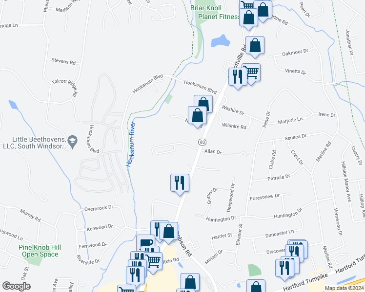 map of restaurants, bars, coffee shops, grocery stores, and more near 273 Talcottville Road in Vernon