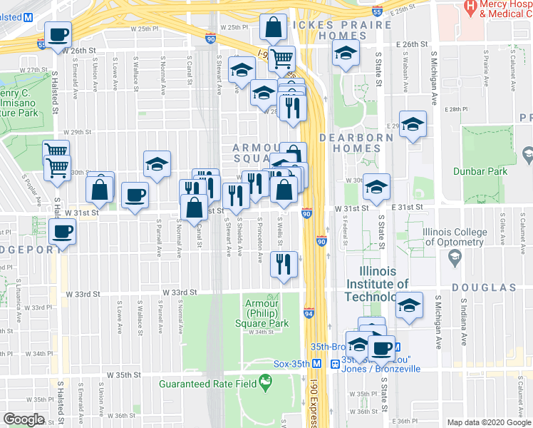 map of restaurants, bars, coffee shops, grocery stores, and more near 3102 South Wells Street in Chicago