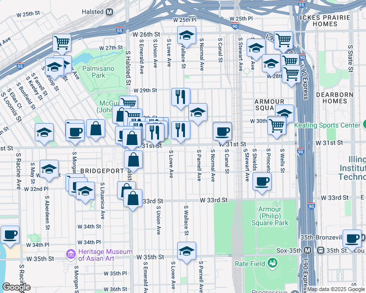 map of restaurants, bars, coffee shops, grocery stores, and more near 615 West 31st Street in Chicago