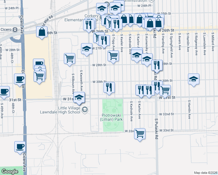 map of restaurants, bars, coffee shops, grocery stores, and more near 3016 South Kildare Avenue in Chicago