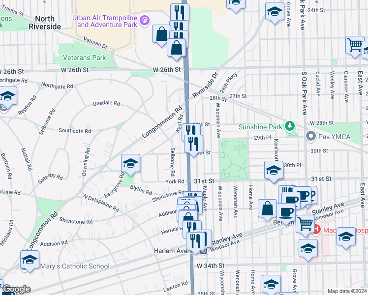 map of restaurants, bars, coffee shops, grocery stores, and more near 696 Selborne Road in Riverside