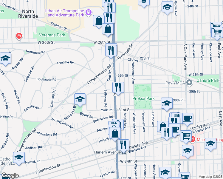 map of restaurants, bars, coffee shops, grocery stores, and more near 696 Selborne Road in Riverside