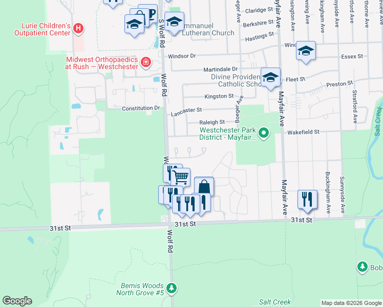 map of restaurants, bars, coffee shops, grocery stores, and more near 11199 Regency Drive in Westchester