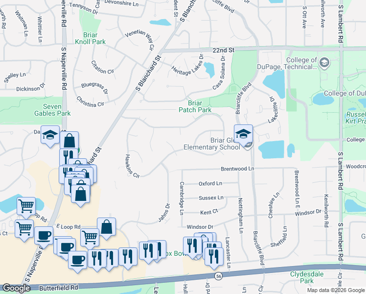 map of restaurants, bars, coffee shops, grocery stores, and more near 1813 Knapp Court in Wheaton