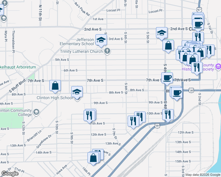 map of restaurants, bars, coffee shops, grocery stores, and more near 636 8th Avenue South in Clinton
