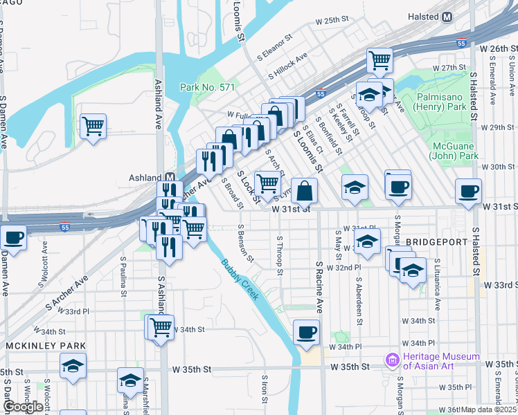 map of restaurants, bars, coffee shops, grocery stores, and more near 3084 South Lock Street in Chicago