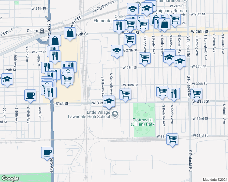 map of restaurants, bars, coffee shops, grocery stores, and more near 3017 South Kenneth Avenue in Chicago