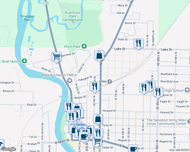 map of restaurants, bars, coffee shops, grocery stores, and more near 401 Pokagon Street in Niles