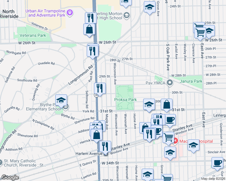map of restaurants, bars, coffee shops, grocery stores, and more near 2942 Wisconsin Avenue in Berwyn