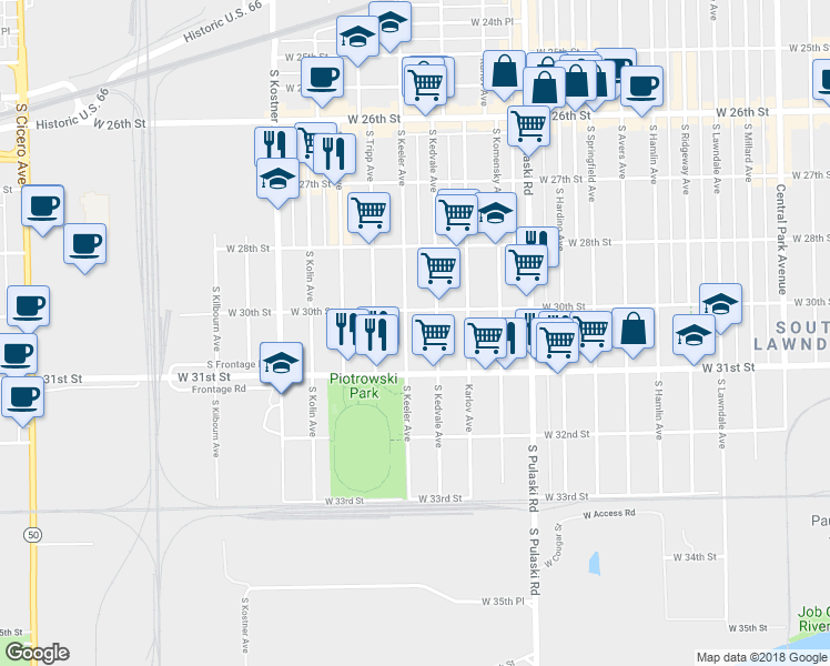 map of restaurants, bars, coffee shops, grocery stores, and more near 3021 South Keeler Avenue in Chicago