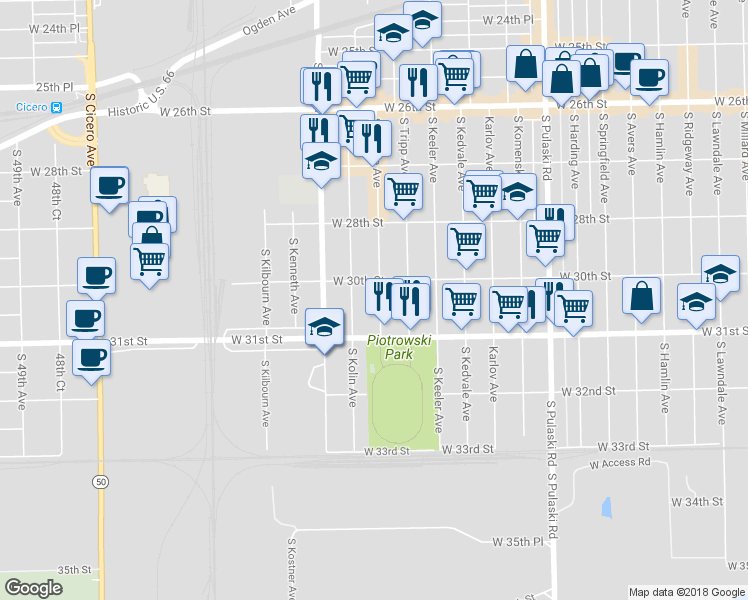 map of restaurants, bars, coffee shops, grocery stores, and more near 3016 South Kildare Avenue in Chicago