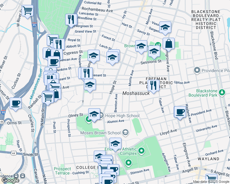 map of restaurants, bars, coffee shops, grocery stores, and more near 12 Montague Street in Providence