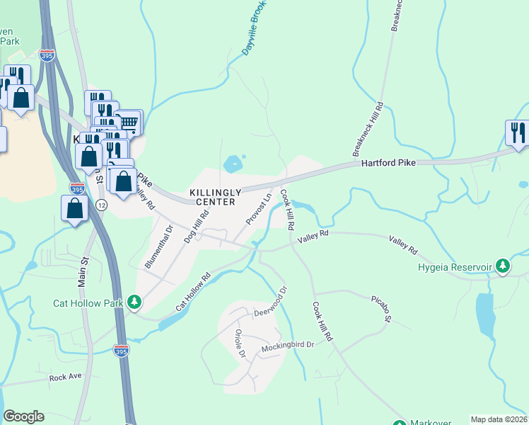 map of restaurants, bars, coffee shops, grocery stores, and more near 25 Provost Lane in Killingly