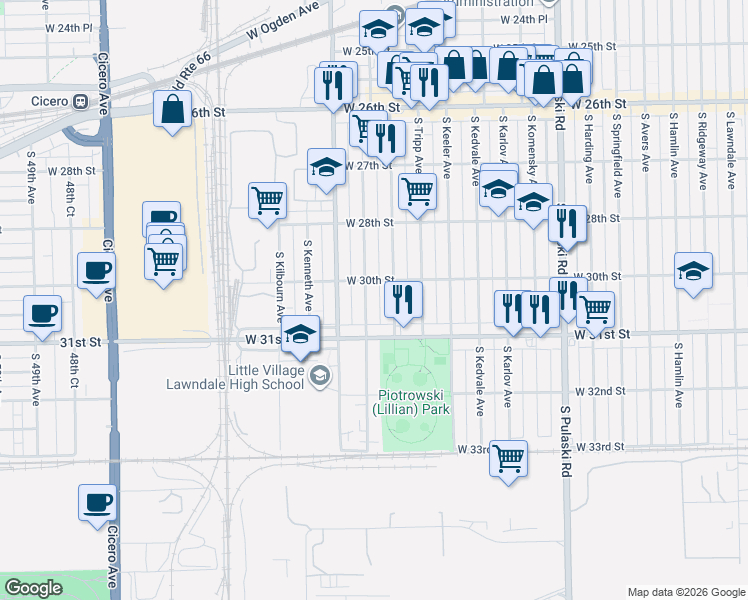 map of restaurants, bars, coffee shops, grocery stores, and more near 3016 South Kildare Avenue in Chicago