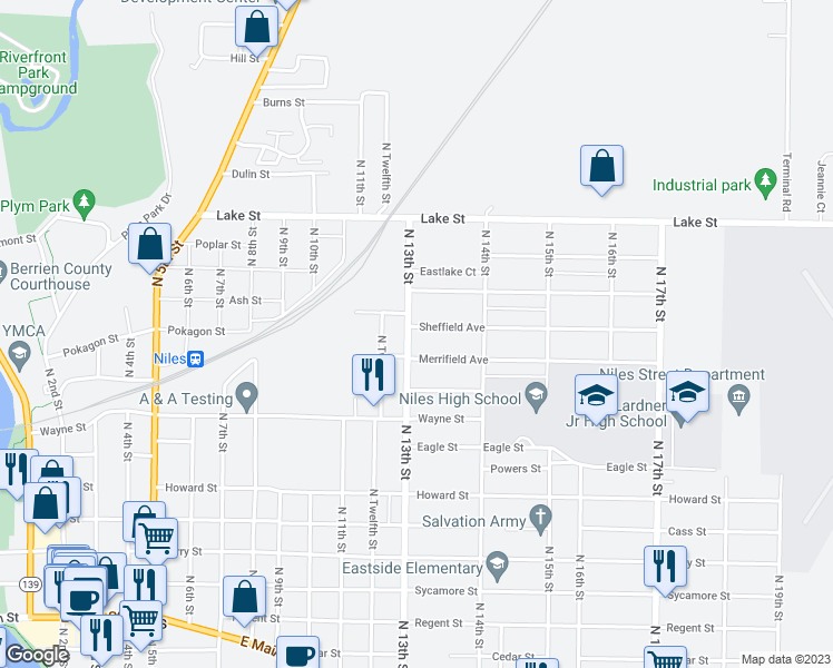 map of restaurants, bars, coffee shops, grocery stores, and more near 1021 N 13th St in Niles