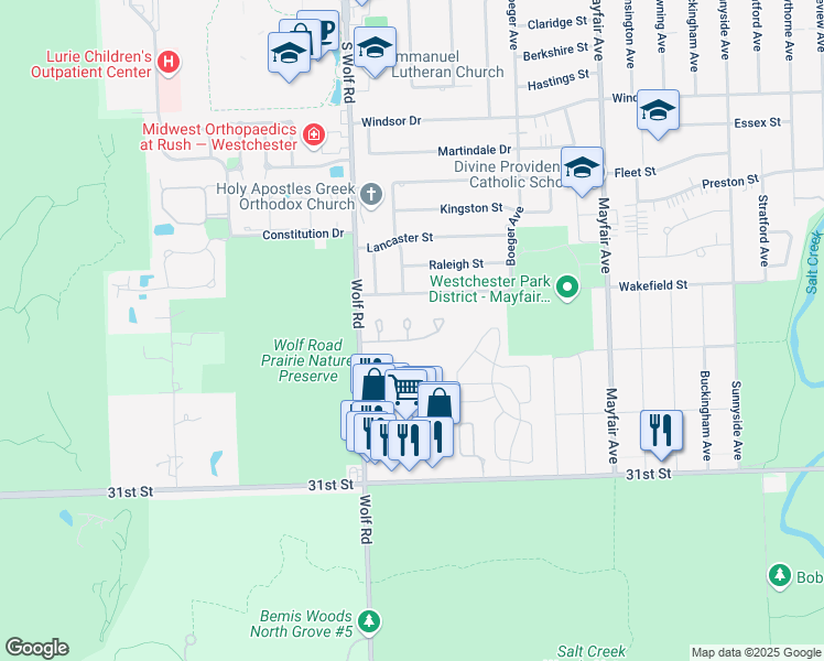 map of restaurants, bars, coffee shops, grocery stores, and more near 11199 Regency Drive in Westchester