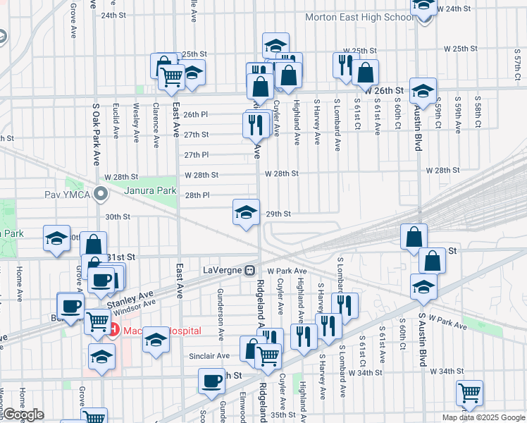map of restaurants, bars, coffee shops, grocery stores, and more near 2847 Ridgeland Avenue in Berwyn