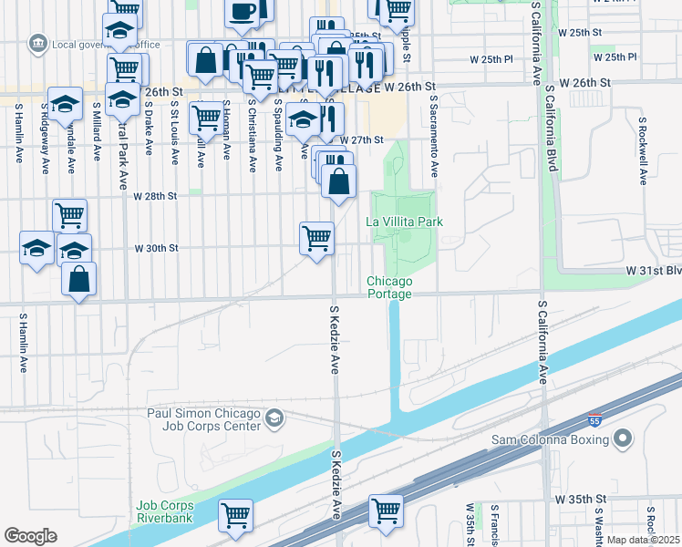 map of restaurants, bars, coffee shops, grocery stores, and more near 3045 South Kedzie Avenue in Chicago