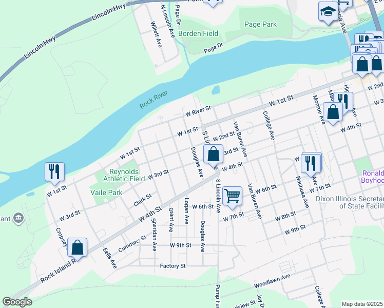 map of restaurants, bars, coffee shops, grocery stores, and more near 211 Douglas Avenue in Dixon