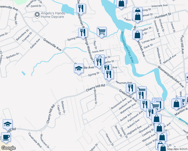 map of restaurants, bars, coffee shops, grocery stores, and more near 22 Spring Street in Johnston