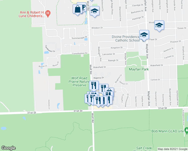 map of restaurants, bars, coffee shops, grocery stores, and more near 11199 Regency Drive in Westchester