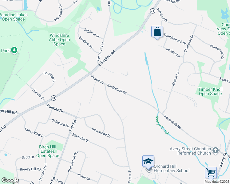 map of restaurants, bars, coffee shops, grocery stores, and more near 49 Beelzebub Road in South Windsor