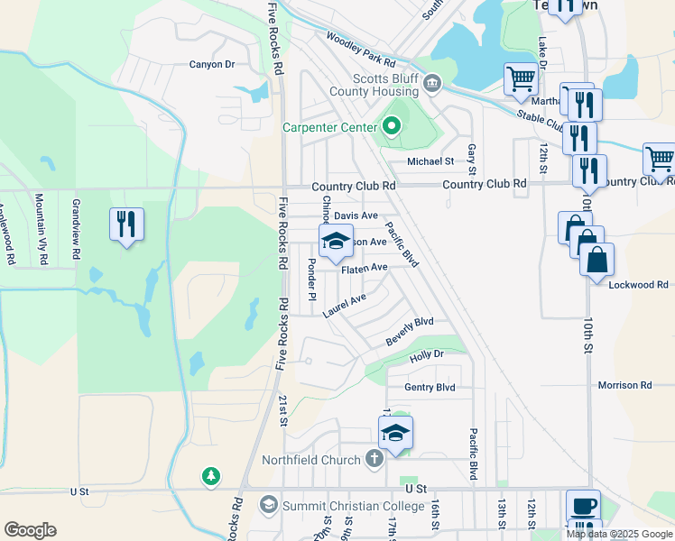 map of restaurants, bars, coffee shops, grocery stores, and more near 1900 Flaten Avenue in Gering