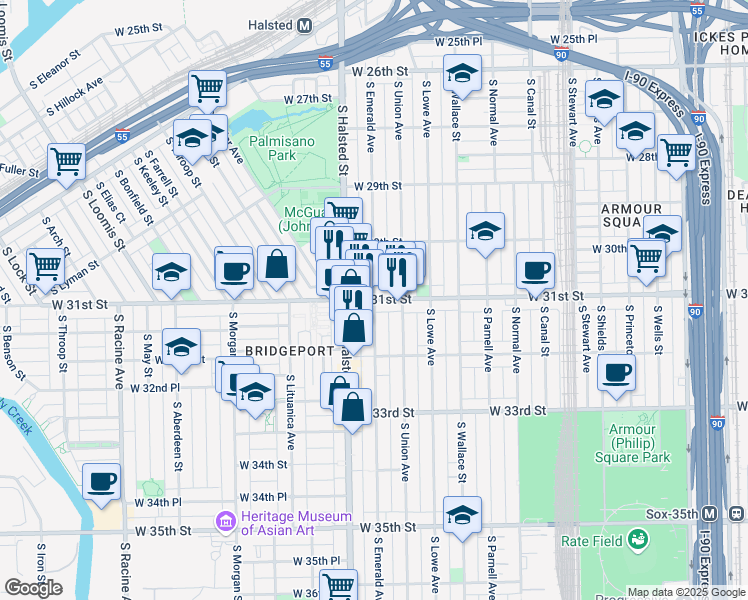 map of restaurants, bars, coffee shops, grocery stores, and more near W 31st St & S Emerald Ave in Chicago