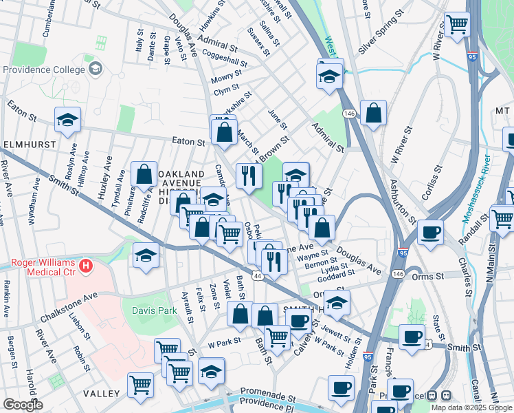 map of restaurants, bars, coffee shops, grocery stores, and more near 244 Rhode Island 7 in Providence