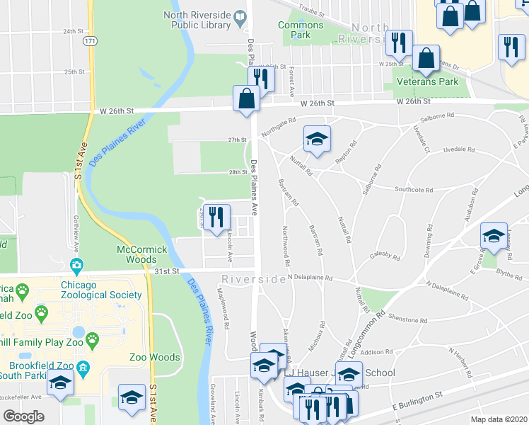 map of restaurants, bars, coffee shops, grocery stores, and more near 329 Des Plaines Ave in Riverside