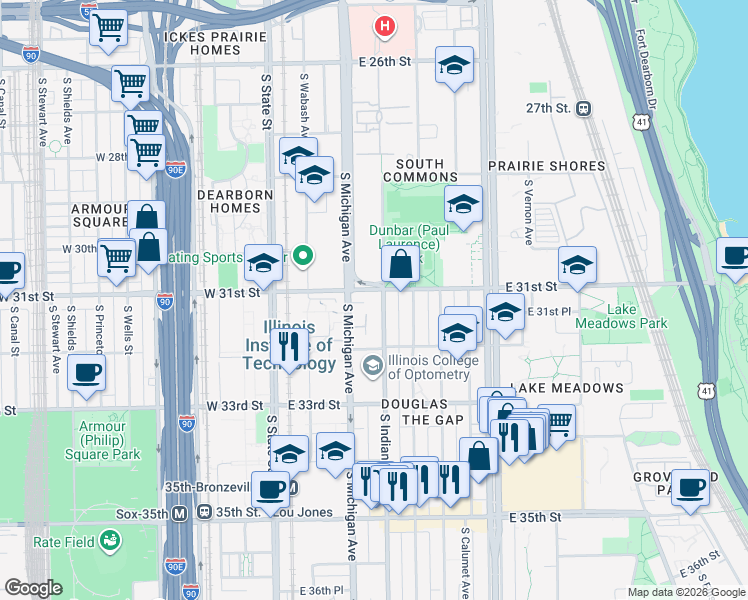 map of restaurants, bars, coffee shops, grocery stores, and more near 3112 South Indiana Avenue in Chicago