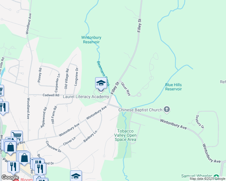 map of restaurants, bars, coffee shops, grocery stores, and more near 1 Filley Street in Bloomfield