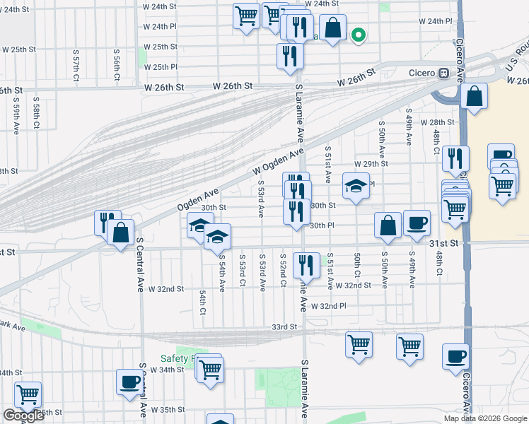 map of restaurants, bars, coffee shops, grocery stores, and more near 5241 West 30th Street in Cicero