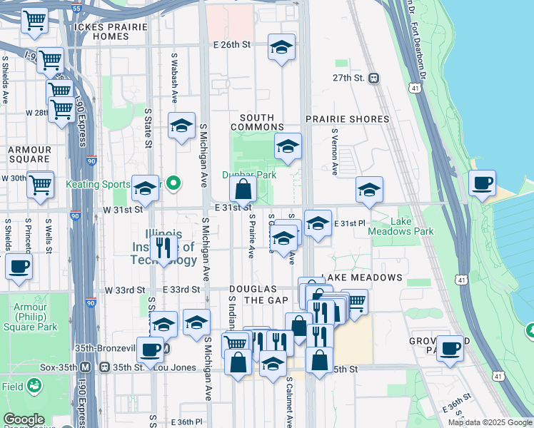 map of restaurants, bars, coffee shops, grocery stores, and more near 3108 South Giles Avenue in Chicago