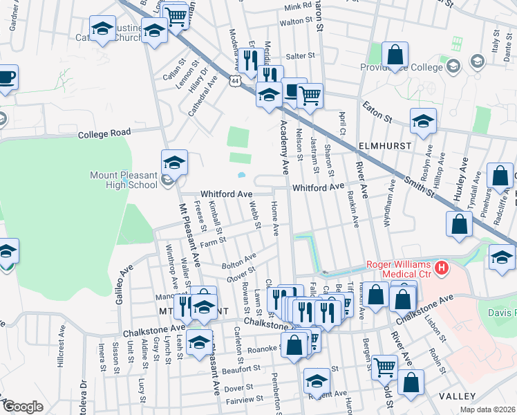 map of restaurants, bars, coffee shops, grocery stores, and more near 65 Webb Street in Providence