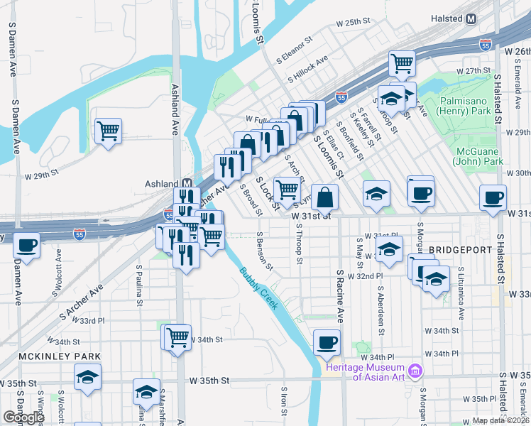 map of restaurants, bars, coffee shops, grocery stores, and more near 3084 South Lock Street in Chicago