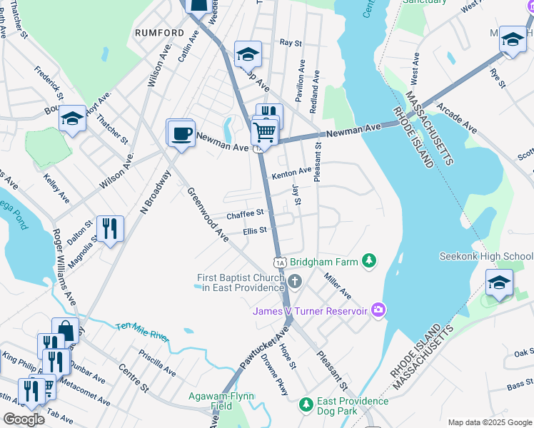 map of restaurants, bars, coffee shops, grocery stores, and more near 1283 Pawtucket Avenue in East Providence