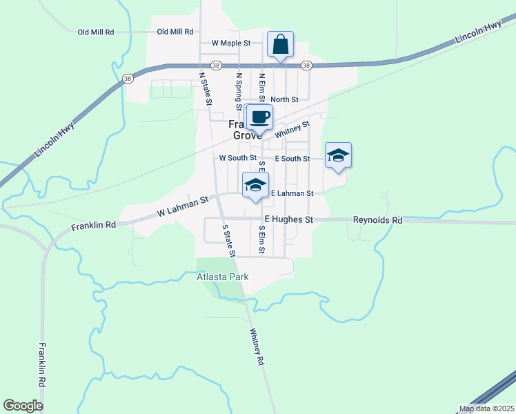 map of restaurants, bars, coffee shops, grocery stores, and more near 217 South Elm Street in Franklin Grove