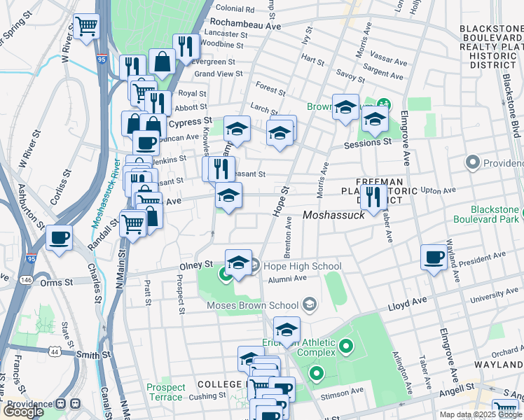 map of restaurants, bars, coffee shops, grocery stores, and more near 216 Howell Street in Providence