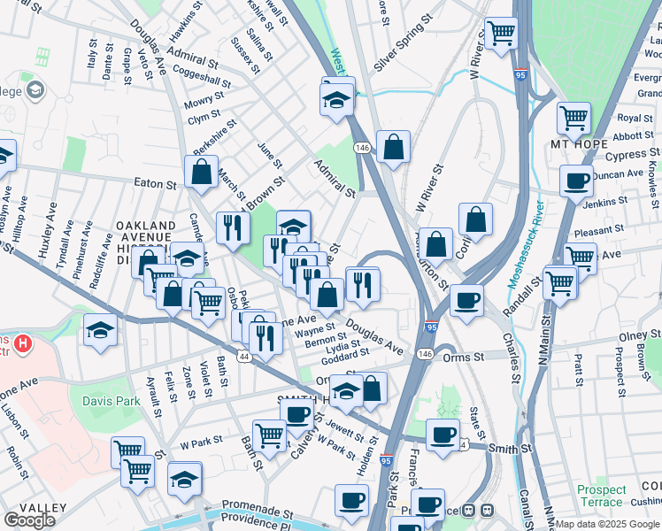 map of restaurants, bars, coffee shops, grocery stores, and more near 44 Whipple Street in Providence
