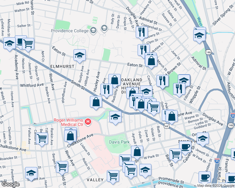 map of restaurants, bars, coffee shops, grocery stores, and more near 41 Radcliffe Avenue in Providence