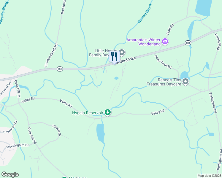 map of restaurants, bars, coffee shops, grocery stores, and more near 1021 Hartford Pike in Killingly